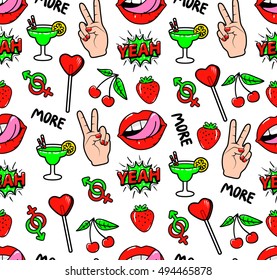 Seamless pattern with fashion patch badges with strawberry, lips, cherry, speech bubble yeah, candy and other elements.Vector background with stickers, pins, patches in cartoon 90s comic style