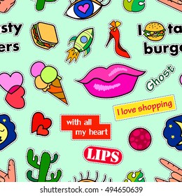 Seamless pattern with fashion patch badges. Pop art. Vector background with stickers, pins, patches in cartoon 80s-90s comic style. Lips, eyes, hearts, sun, ice cream, pizza. Vector clip-art.