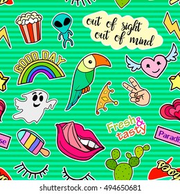 Seamless pattern with fashion patch badges. Pop art. Vector background with stickers, pins, patches in cartoon 80s-90s comic style. Lips, eyes, hearts, sun, ice cream, pizza. Vector clip-art.
