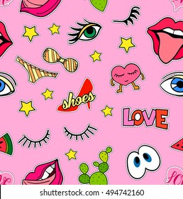 Seamless pattern with fashion patch badges. Pop art. Vector background with stickers, pins, patches in cartoon 80s-90s comic style. Lips, eyes, hearts, sun, ice cream, pizza. Vector clip-art.