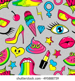 Seamless pattern of fashion patch badges. lips, kiss, heart, speech bubble, star, ice cream, lipstick, eye, shit. Vector isolated background with stickers, pins, patches in cartoon 80s-90s comic style