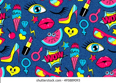 Seamless pattern of fashion patch badges. lips, kiss, speech bubble, star, ice cream, lipstick patch, eye. Vector fashion patch isolated over denim background, Patch in cartoon 80s-90s comic style.