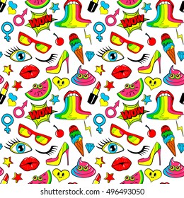 Seamless pattern of fashion patch badges. lips, kiss, heart, speech bubble, star, ice cream, lipstick, eye. Vector isolated background with stickers, pins, patches in cartoon 80s-90s comic style.