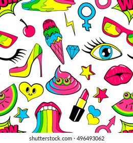Seamless pattern of fashion patch badges. lips, kiss, heart, speech bubble, star, ice cream, lipstick, eye. Vector isolated background with stickers, pins, patches in cartoon 80s-90s comic style.