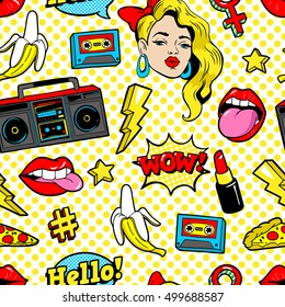 Seamless pattern with fashion patch badges with woman, lips, tape recorder, speech bubbles and other elements. Vector background with stickers, pins, patches in cartoon 80s-90s pop-art comic style.