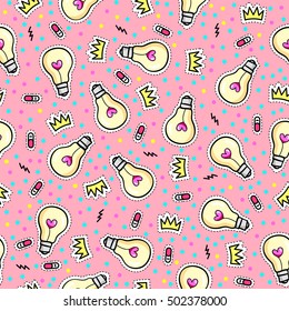 Seamless pattern with fashion patch badges with light bulbs, crowns, hearts, swithches and other elements.Vector dots background with stickers, patches in cartoon 80s-90s comic style.