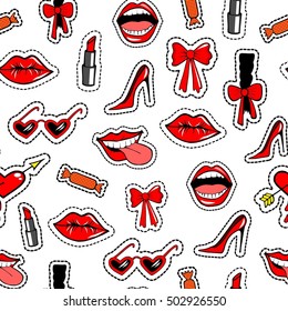 Seamless pattern with fashion patch badges with shoe, lipstick, bow, glasses and other elements.Vector background with stickers, pins, patches in cartoon 80s-90s comic style.