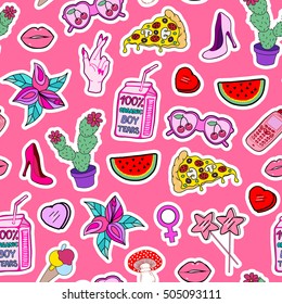 Seamless pattern with fashion patch badges with lollipops, shoes, watermelons, pizza, sunglasses, hearts, mushrooms, high hill shoes, lips. Bright background with stickers, pins, patches in 80s style.