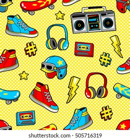 Seamless pattern with fashion patch badges with skateboard, helmet, sneakers, headphones, tape recorder, etc. Vector background with stickers, pins, patches in cartoon 80s-90s pop-art comic style.