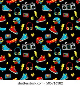 Seamless pattern with fashion patch badges with skateboard, helmet, sneakers, headphones, tape recorder, etc. Vector background with stickers, pins, patches in cartoon 80s-90s pop-art comic style.