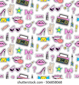 Seamless pattern with fashion patch badges with shoes, tape, lips, lipstick and other elements.Vector background with stickers, pins, patches in cartoon 80s-90s comic style