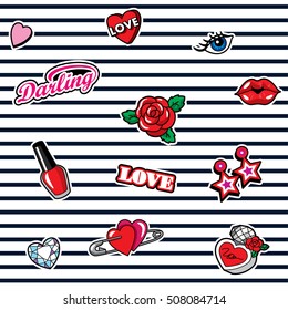 Seamless pattern with fashion patch badges in 80s-90s style. Vector illustration. 