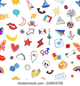 Seamless pattern with fashion patch badges and other elements. Vector illustration.