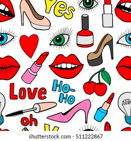 Seamless pattern with fashion patch badges. Vector background with stickers, pins, patches in cartoon 80s-90s comic style.