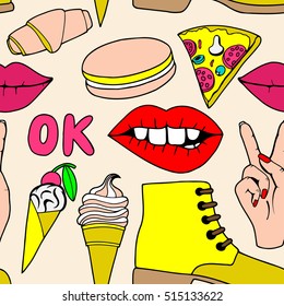 Seamless pattern with fashion patch badges with lips and other elements. Vector background with stickers, pins, patches in cartoon 80s-90s comic style.