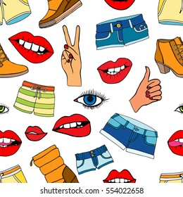 Seamless pattern with fashion patch badges. Vector background with stickers, pins, patches in cartoon 80s-90s comic style.