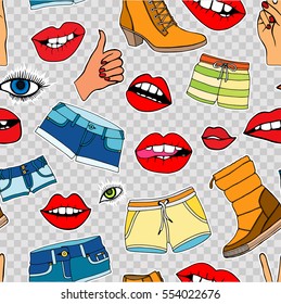 Seamless pattern with fashion patch badges. Vector background with stickers, pins, patches in cartoon 80s-90s comic style.