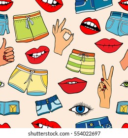Seamless pattern with fashion patch badges. Vector background with stickers, pins, patches in cartoon 80s-90s comic style.