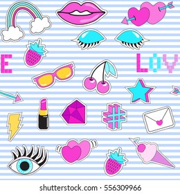 Seamless pattern with fashion patch badges. Eye, sunglasses, lips, ice-cream, phrase "Love", hearts, rainbow, lipstick, arrow, star, lightning, strawberry, cherry, diamond. Style of 80s-90s.