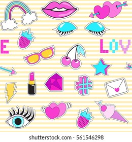 Seamless pattern with fashion patch badges. Eye, sunglasses, lips, ice-cream, phrase "Love", hearts, rainbow, lipstick, arrow, star, lightning, strawberry, cherry, diamond. Style of 80s-90s.