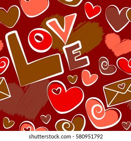 Seamless pattern with fashion patch badges with hearts, letter. Vector sketch with stickers, pins, patches in cartoon 80s-90s comic style in brown, orange and red colors.