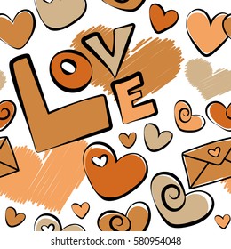 Seamless pattern with fashion patch badges with hearts, letter on a white background. Vector sketch with stickers, pins, patches in cartoon 80s-90s comic style in beige, orange and yellow colors.
