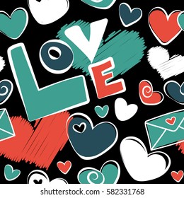 Seamless pattern with fashion patch badges with hearts, letter on black backdrop. Vector background with stickers, pins, patches in cartoon 80s-90s comic style in blue, white and orange colors.