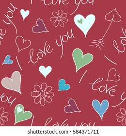Seamless pattern with fashion patch badges with hearts, chamomile flower, I love you text. Vector sketch with stickers, pins, patches in cartoon 80s-90s comic style in blue and red colors.