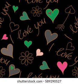 Seamless pattern with fashion patch badges with hearts, letter, flower on a black background. Vector sketch with stickers, pins, patches in cartoon 80s-90s comic style in orange, green and pink colors