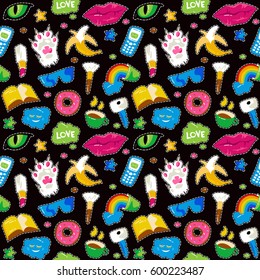Seamless pattern with fashion patch badges. Lips, cat paw, cat eye and other elements. Colorful graphics in hand drawings style