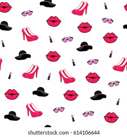 Seamless pattern with fashion patch badges with lips, lipstick, shoes and other elements. Vector background with girl accessories, isolated patches. Trendy style. 
