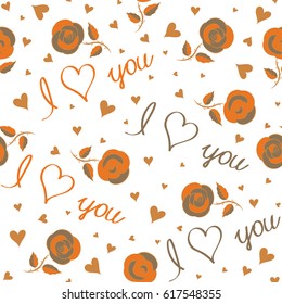 Seamless pattern with fashion patch badges with hearts, flower on a white background. Vector sketch with stickers, pins, patches in cartoon 80s-90s comic style in orange and beige colors.