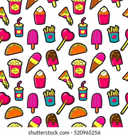 Seamless pattern with Fashion patches. Cute elements - pizza, lollipop, candy, popcorn, ice cream. Vector illustration isolated on white background.