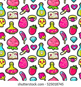 Seamless pattern with Fashion patches. Cute elements - unicorn, book, potion, flower, mushroom, strawberries. Vector illustration isolated on white background.
