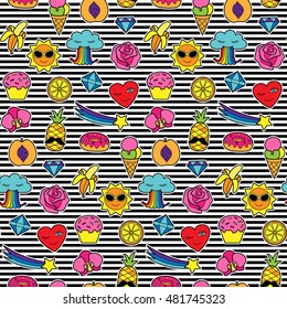 Seamless pattern of fashion patches on striped background. Pin badges wallpaper. Colorful stickers collection. Textile print with appliques for clothes.