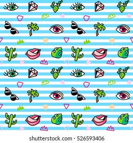 Seamless pattern with fashion patches. Pop art. Vector background in cartoon 80s-90s comic style. Trend. Lips, eyes, leafs, palms, glasses, cactus. Vector clip-art