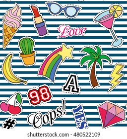 Seamless pattern with Fashion patches. stickers, pins, patches and handwritten notes collection in cartoon 80s-90s comic style. Trend. Vector illustration. Vector clip art.