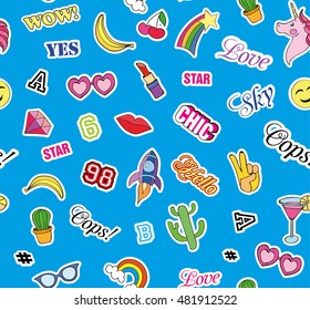 Seamless pattern with Fashion patches. stickers, pins, patches and handwritten notes collection in cartoon 80s-90s comic style. Trend. Vector illustration. Vector clip art.