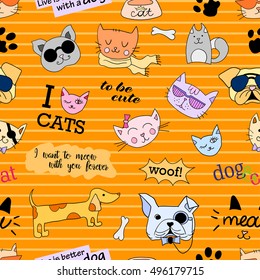 Seamless pattern with Fashion patches. stickers, pins, patche. Seamless pattern with cats and dogs. Funny, beautiful, cute. Vector.. Trend. Vector illustration. Vector clip art.