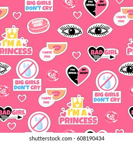 Seamless pattern with fashion patches. stickers, pins, patches and handwritten notes collection in cartoon comic style. Bad girl. Trend.