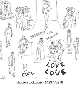Seamless pattern with fashion people. Vector illustrations in sketch doodle style.