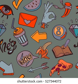 Seamless pattern with fashion set badges with eye, arrow, note and other.Vector illustration with stickers, in cartoon comic style in grey palette