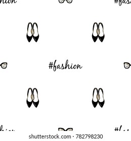 Seamless pattern fashion shoes with gold elements and hashtags: fashion. Stylish vector illustration. Trendy fashion shoes. Seamless fashion accessories pattern.