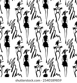 Seamless pattern with fashion sketches. Vector print. Vector illustration. 