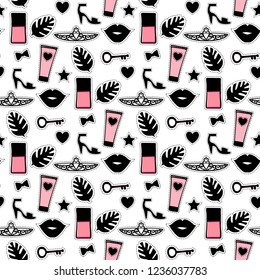 Seamless pattern fashion style. Set mini black sign beauty makeup. Abstract cosmetic bottles and princess tiara, shoe hand drawing. Vector illustration is isolated on a white background.