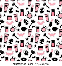 Seamless pattern fashion style. Set sign beauty makeup for cute girls. Abstract cosmetic bottles, powder, brush, lipstick, patch hand drawing. Vector illustration is isolated on a white background.