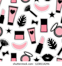Seamless pattern fashion style. Set sign beauty makeup for cute girls. Abstract cosmetic bottles, powder, brush, lipstick, patch hand drawing. Vector illustration is isolated on a white background.
