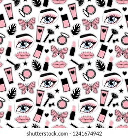 Seamless pattern fashion style. Set sign beauty makeup face eye brow and lips. Abstract cosmetic bottles and butterfly hand drawing. Vector illustration is isolated on a white background.