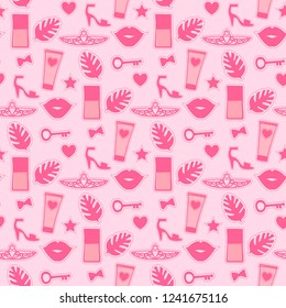 Seamless pattern fashion style. Set sign beauty makeup for cute girls. Abstract cosmetic bottles and princess tiara, shoe hand drawing. Vector mini illustration is isolated on a pink background.