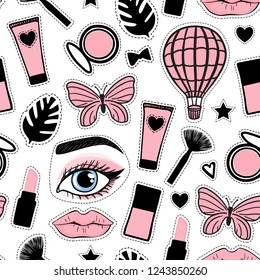 Seamless pattern fashion style. Set sign beauty makeup for cute girls. Abstract cosmetic bottles and balloon butterfly hand drawing. Vector illustration is isolated on a white background.